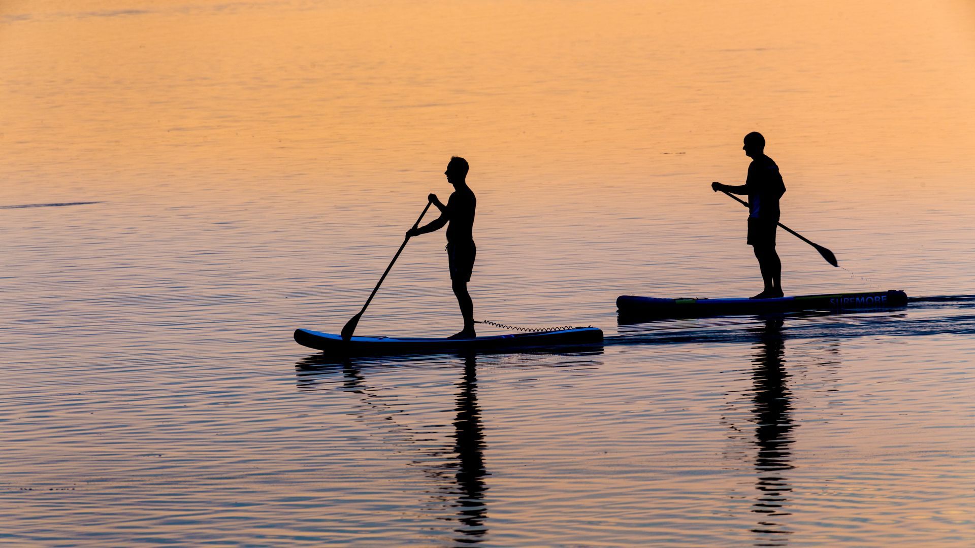 Two people are standing on paddle boards in the water.