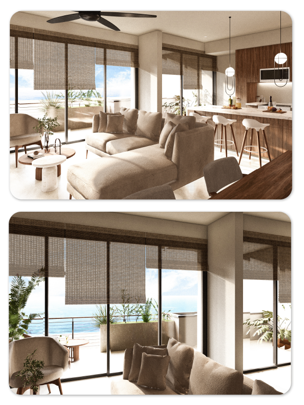 A living room and a kitchen with sliding glass doors