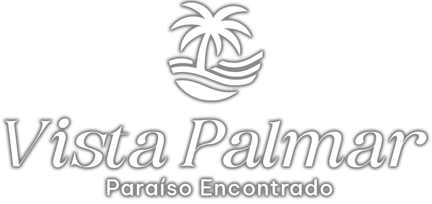 A white logo for vista palmar paradise found with a palm tree.