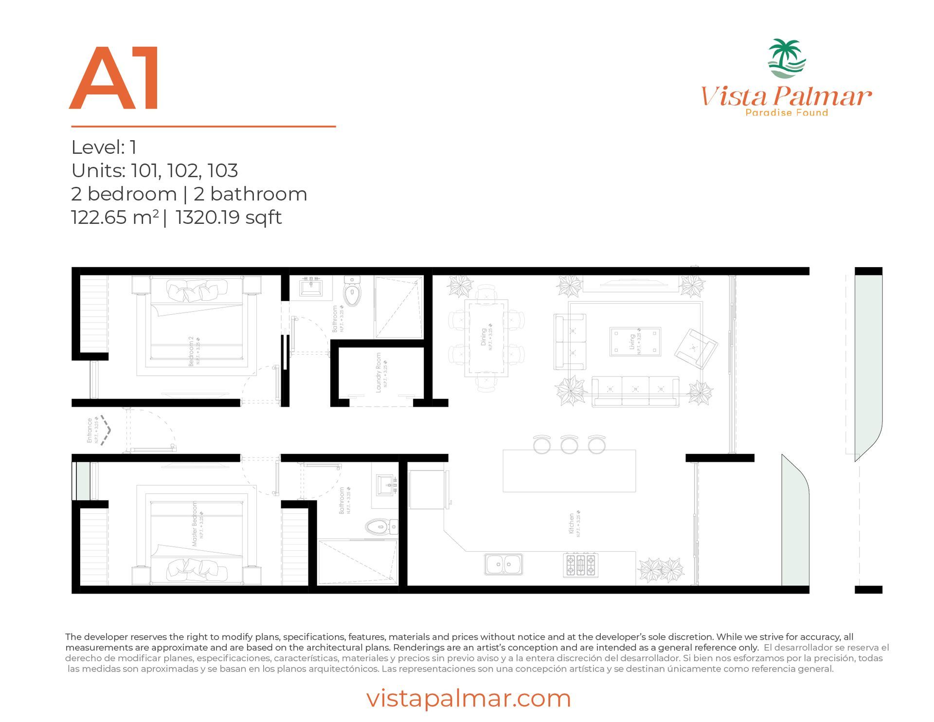 A floor plan of a apartment with two bedrooms and a bathroom.