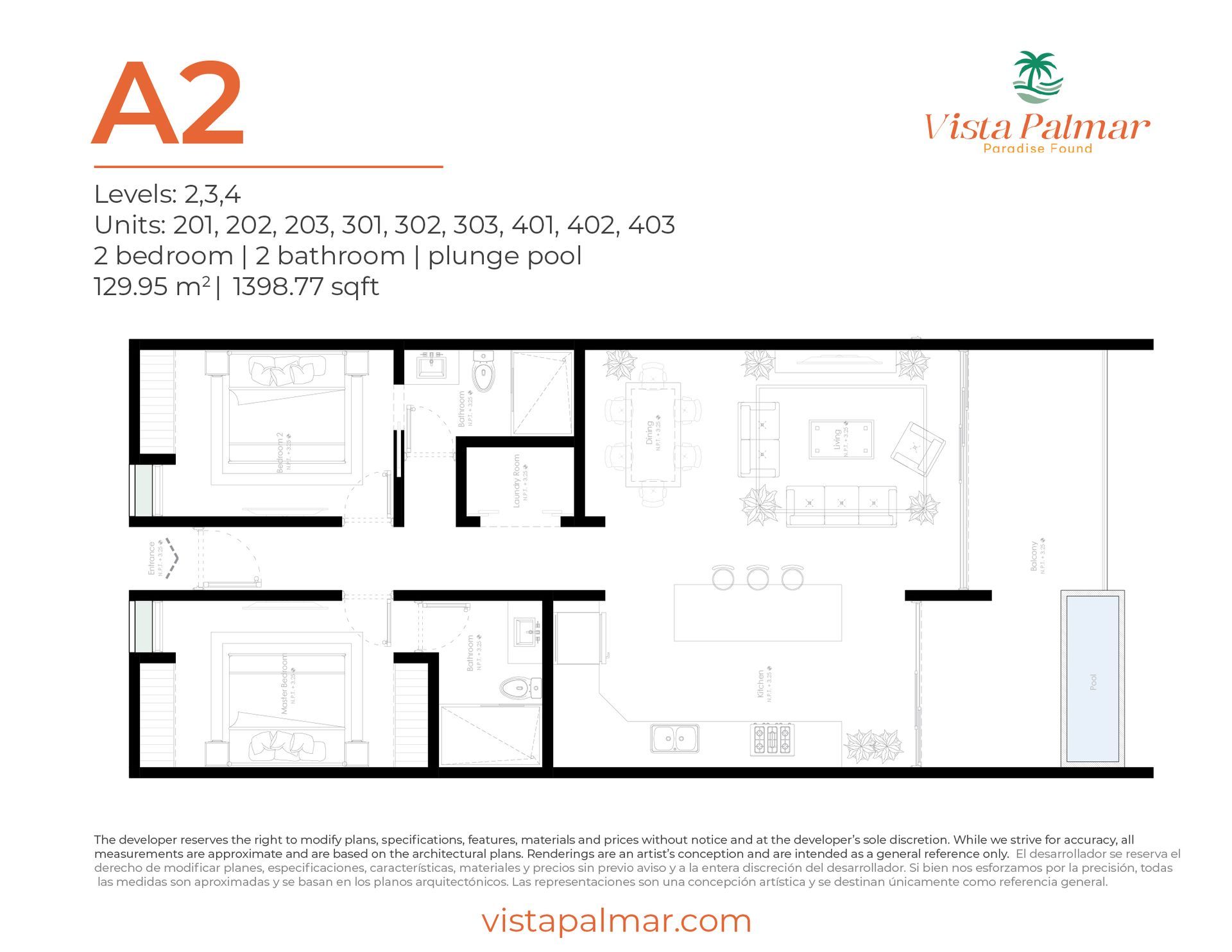 A floor plan of a 2 bedroom apartment with a plunge pool.