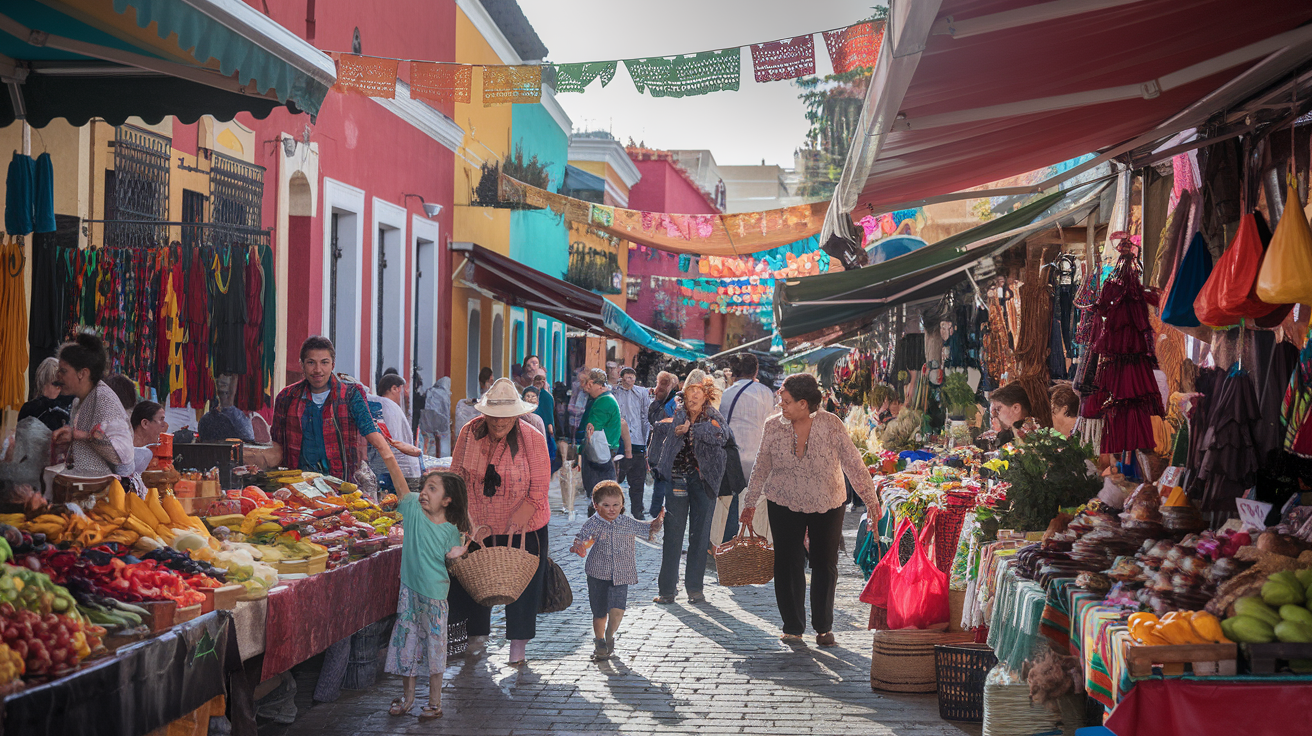 A crowd of people are walking down a busy street at a market.