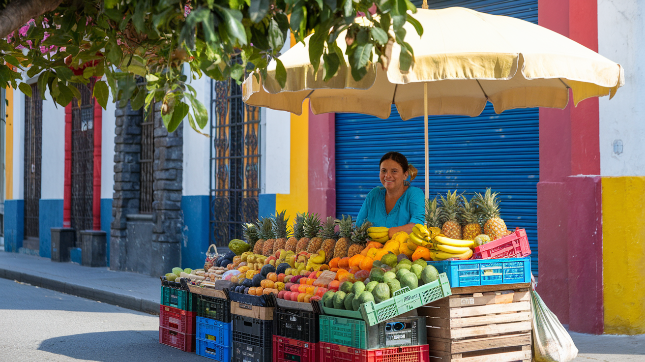 A woman is selling fruit on the side of the road under an umbrella.