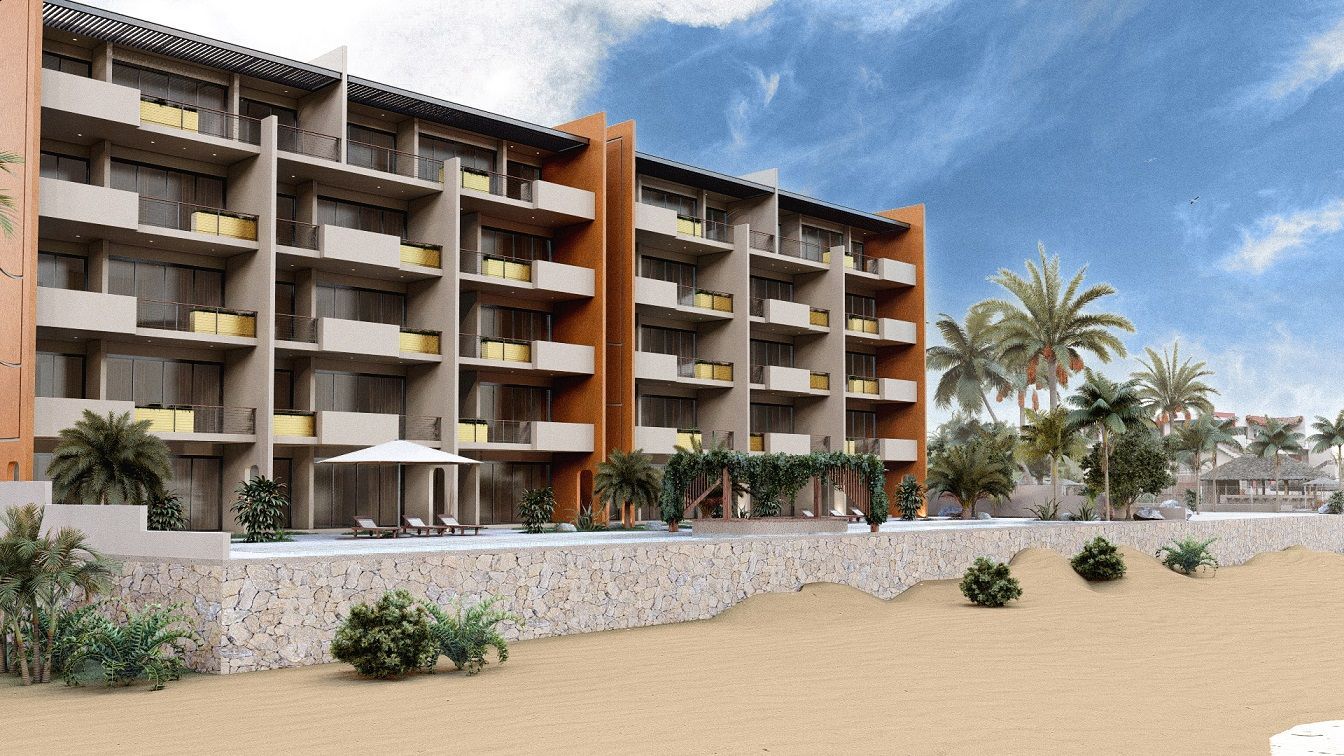 An artist 's impression of a large apartment building next to a beach.