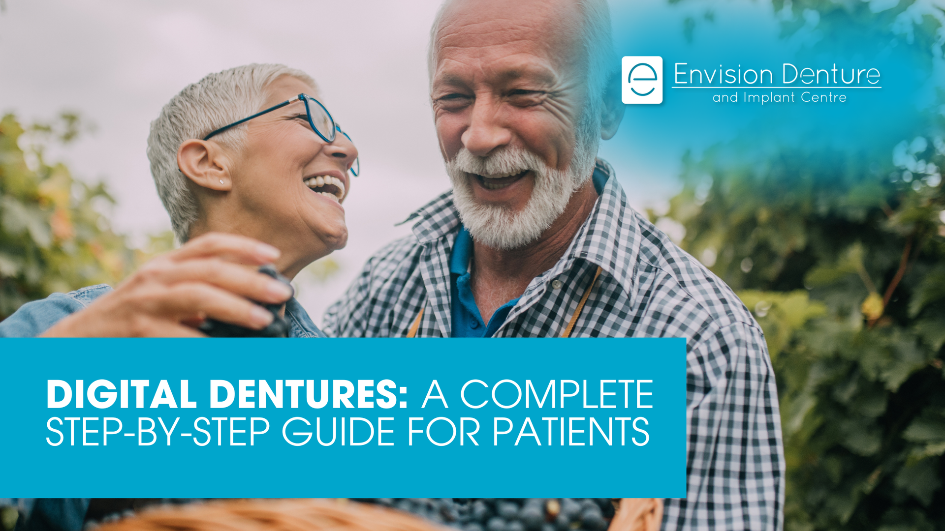 Happy couple smiling outdoors; text overlay: