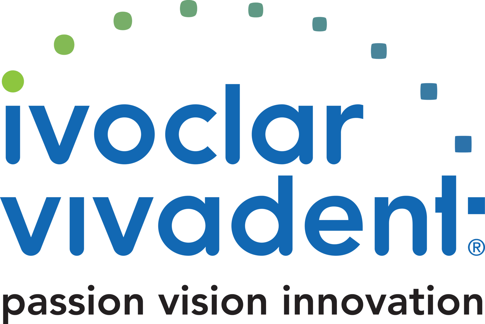 Ivoclar Vivadent logo in blue with green dots and the tagline “passion vision innovation”