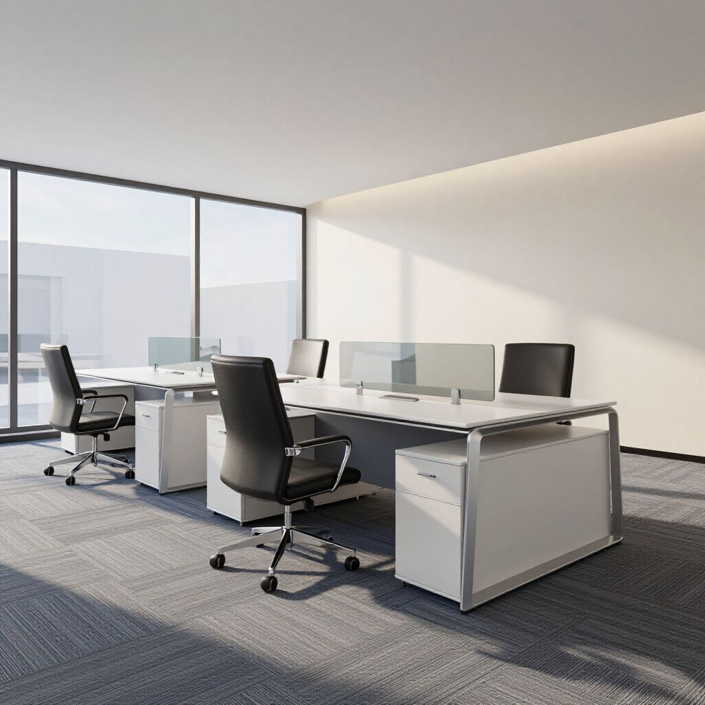 Modern office space with white desks, black chairs, and large windows.