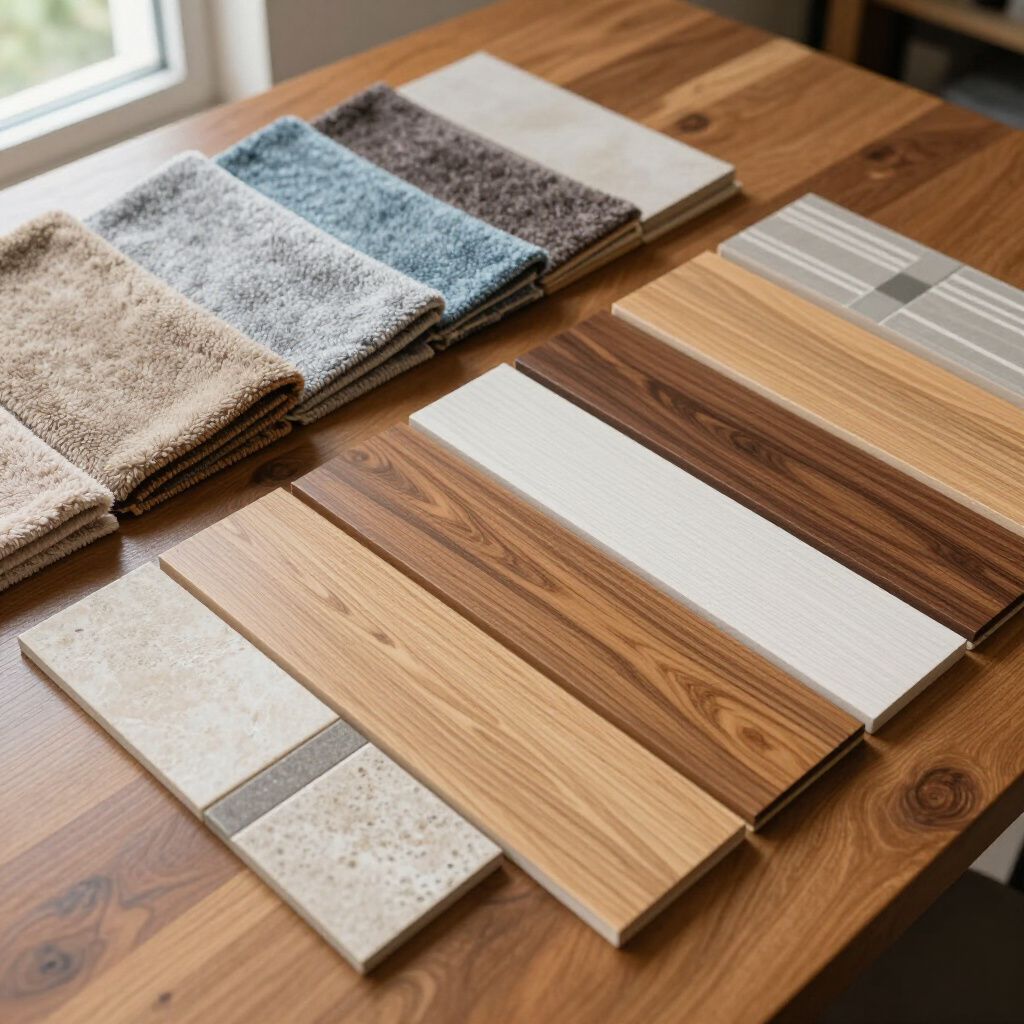 Samples of carpet and wood flooring on a wood table, near a window.