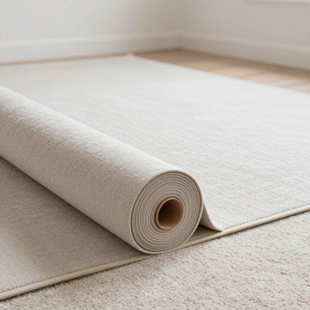 Beige carpet roll partially unrolled on a light-colored carpeted floor.
