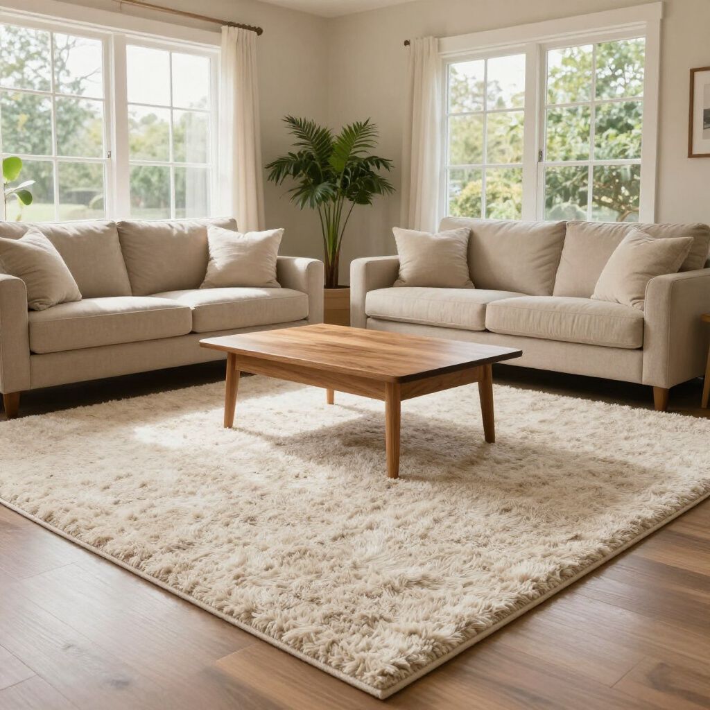 Living room with two tan sofas, a wooden coffee table, and a shaggy beige rug.