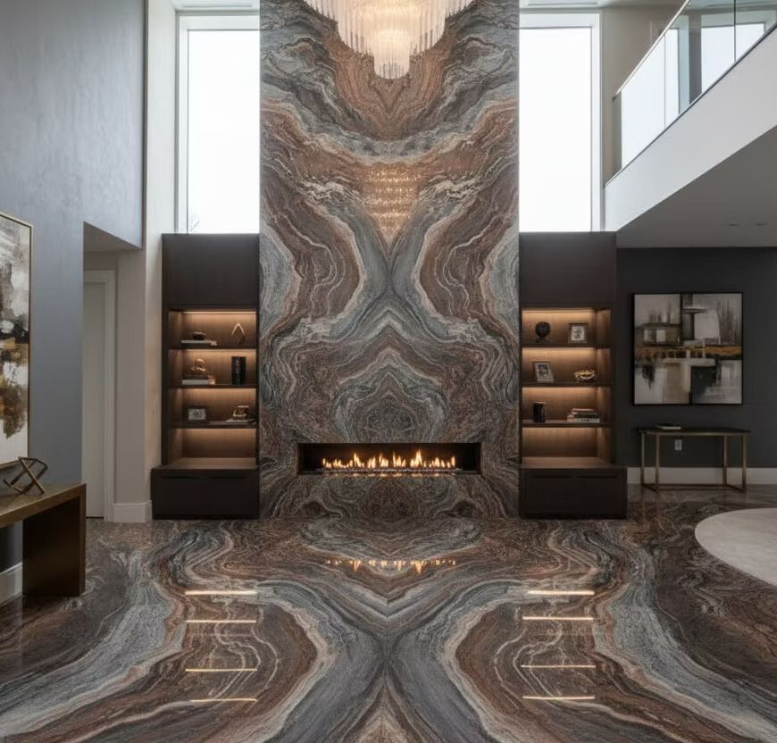 Modern living room with a dramatic stone fireplace and swirling marble floor and wall design