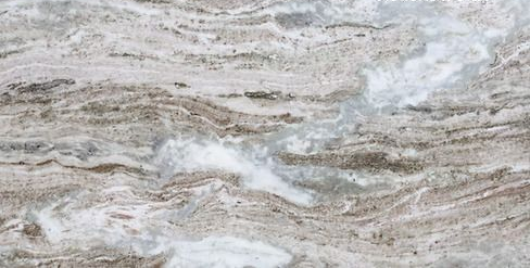 Close-up of layered beige and white stone with wavy mineral textures