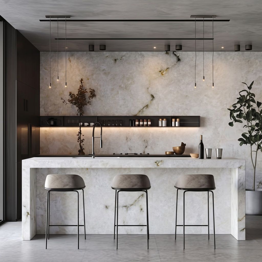 Modern minimalist kitchen with marble island, three stools, and dark shelves against a concrete wall