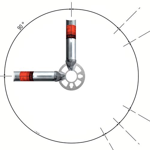 Dois andaimes de segurança verticais e horizontais conectadas, formando um ângulo de 90 graus dentro de um círculo.