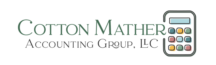 Cotton Mather Accounting Group LLC logo with text and calculator graphic.