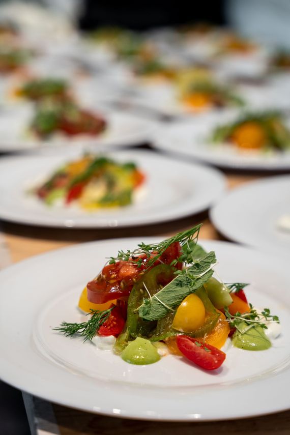 Gourmet-Salatvorspeisen mit farbenfrohem Gemüse, angerichtet auf weißen Tellern in festlicher Atmosphäre