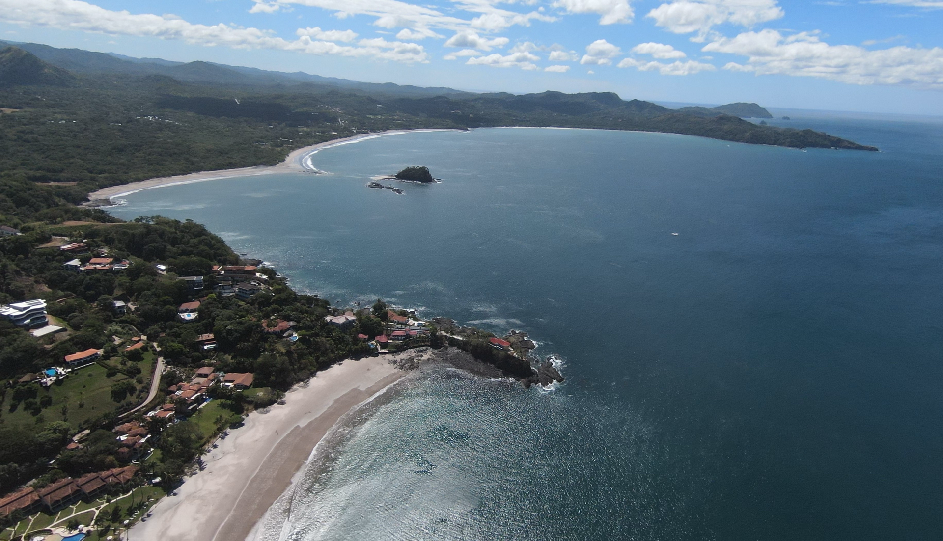 Aerial view of the Pacific coastline and beaches around Playa Flamingo Costa Rica in Guanacaste.