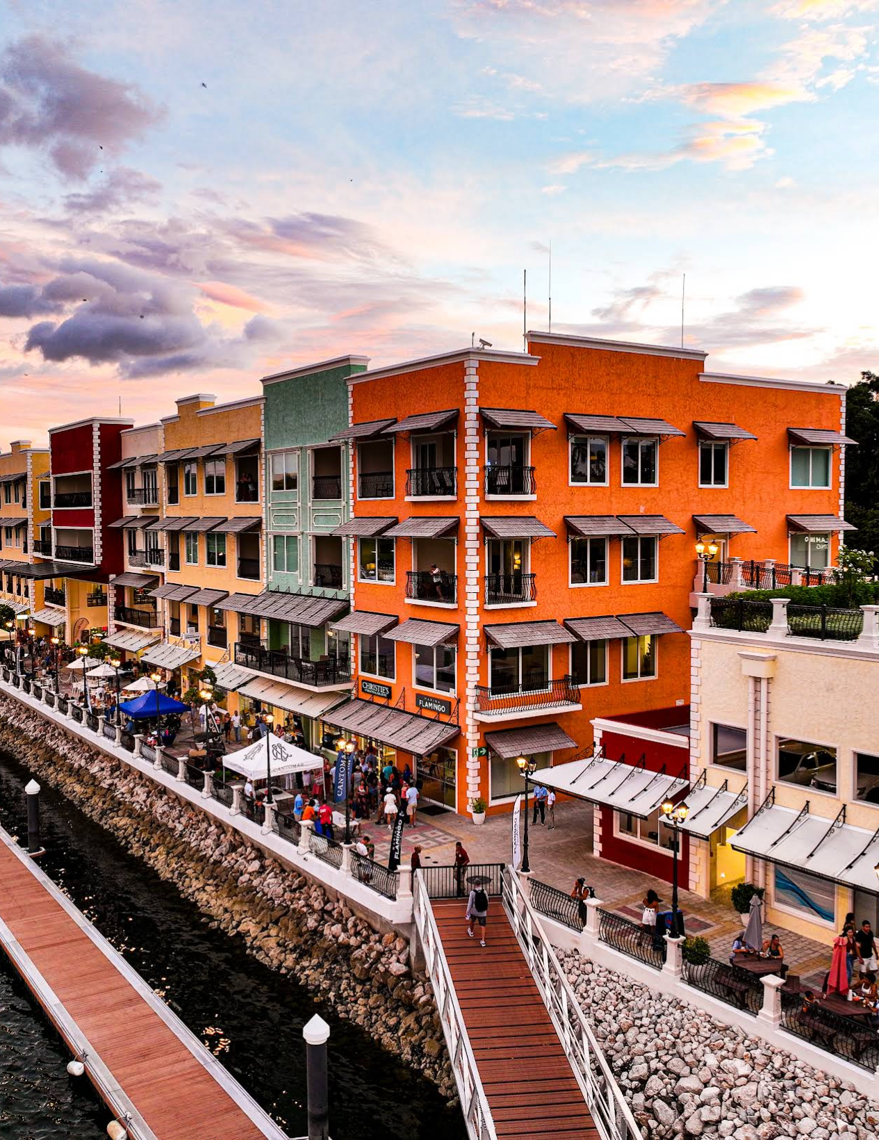 Marina Flamingo waterfront with restaurants and buildings in Playa Flamingo Guanacaste Costa Rica.