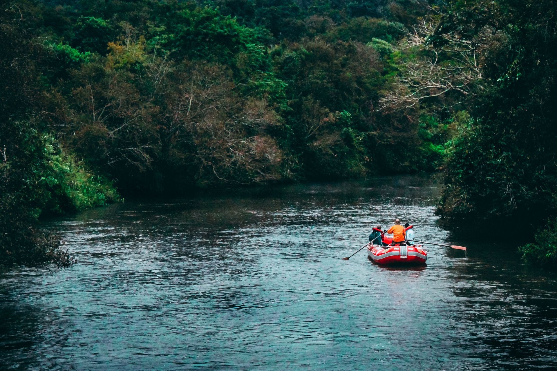Rafters exploring a calm river surrounded by tropical forest during a scenic white water rafting excursion in Costa Rica