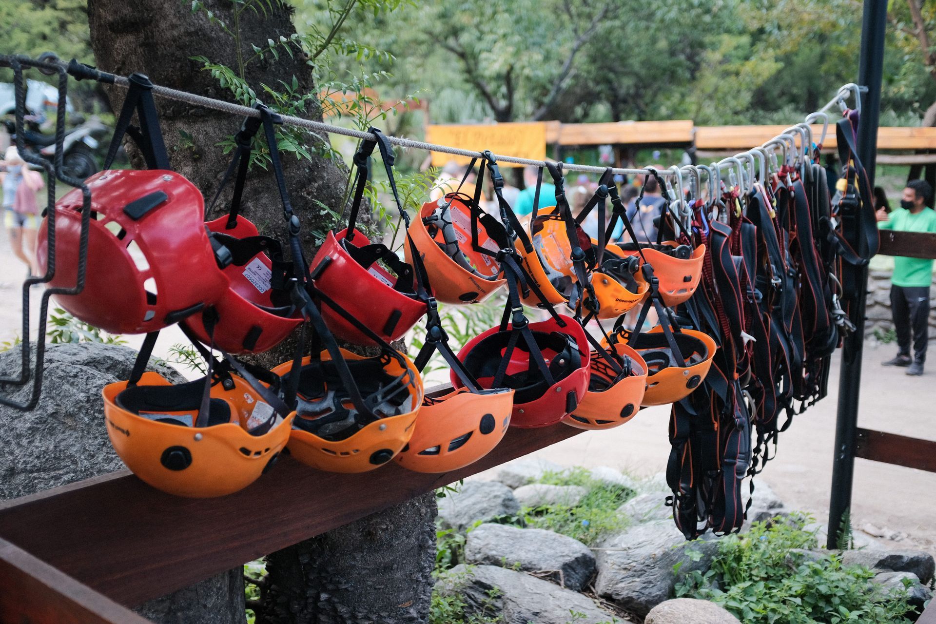 Helmets and life jackets prepared for travelers participating in a guided white water rafting adventure in Costa Rica