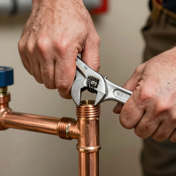 Licensed plumber repairing copper pipe fitting in Los Angeles home.