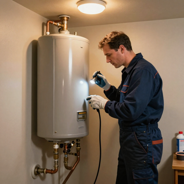 Licensed Teague Plumbing technician inspecting a residential water heater.