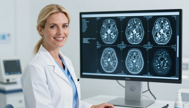 Doctor beside monitor displaying brain scans in a medical office