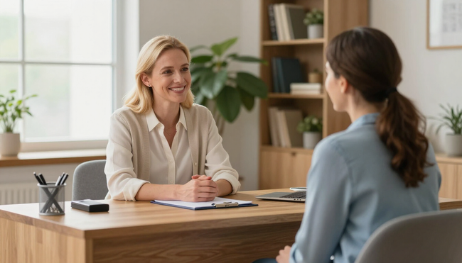 Two people in a bright office discuss across a desk with a laptop and notebook.