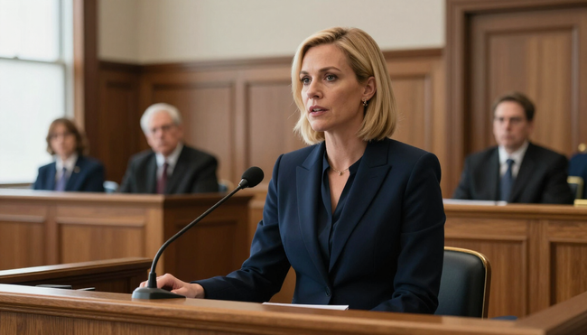 Woman speaking at a courtroom witness stand with two men seated behind her.