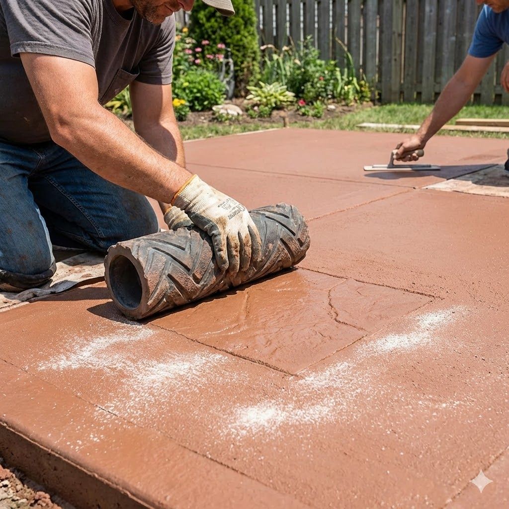 Two people smoothing a red concrete patio, one using a roller. Outdoors.