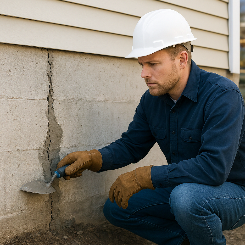 A person in a hard hat and work gloves uses a trowel to repair a vertical crack in a concrete foundation wall.