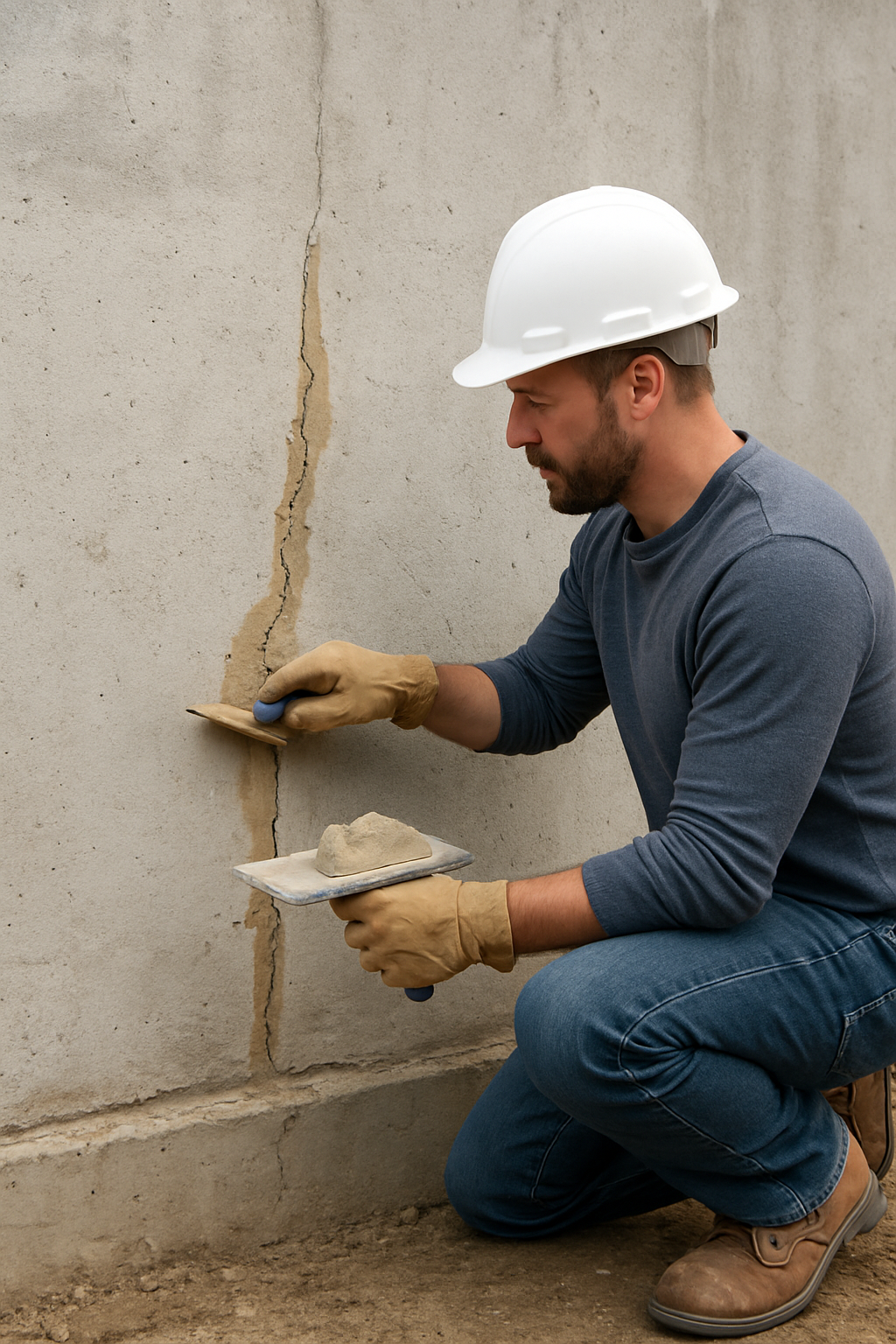 A person in a hard hat and work gloves repairs a crack in a concrete wall using a trowel and filler.