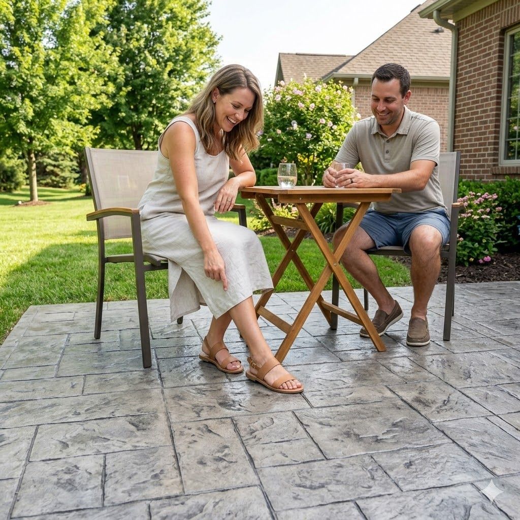 A pair sitting at a small wooden table on a stone patio in a backyard setting, smiling while interacting.