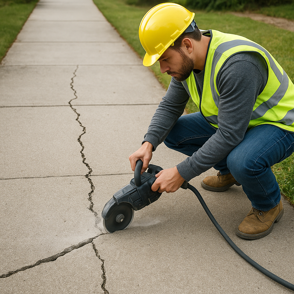 A construction worker in a yellow hard hat and high-visibility vest uses an electric concrete saw to repair a sidewalk.