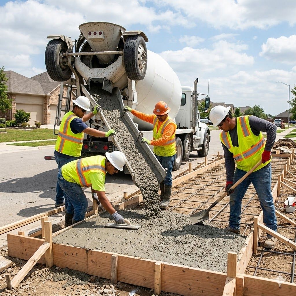 Three construction workers in hard hats and safety vests pouring and spreading wet concrete into a wooden frame.