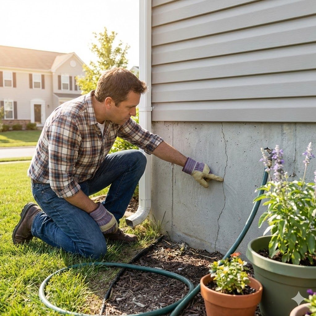 A person wearing work gloves kneels in a yard and points to a vertical crack in the concrete foundation of a house.