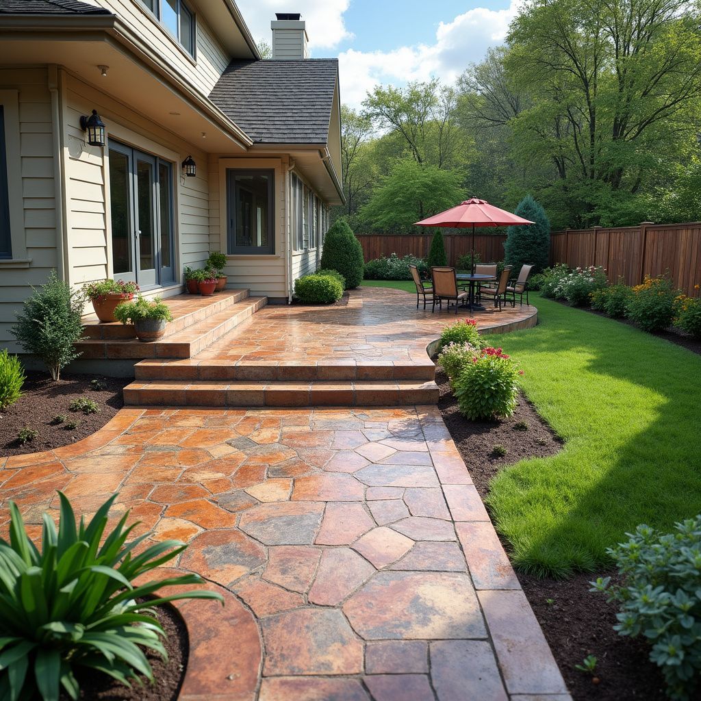 Stone patio and walkway leading to backyard with seating, plants, and red umbrella.