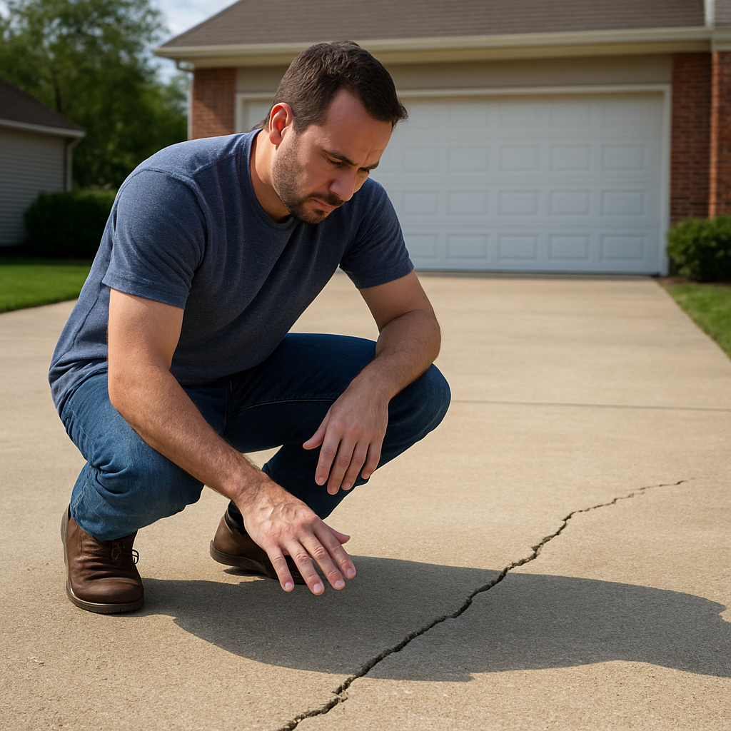 A person squats on a driveway, inspecting a large crack in the concrete in front of a suburban house.