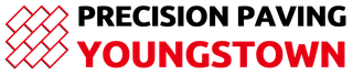 The logo for precision paving youngstown is red and black.