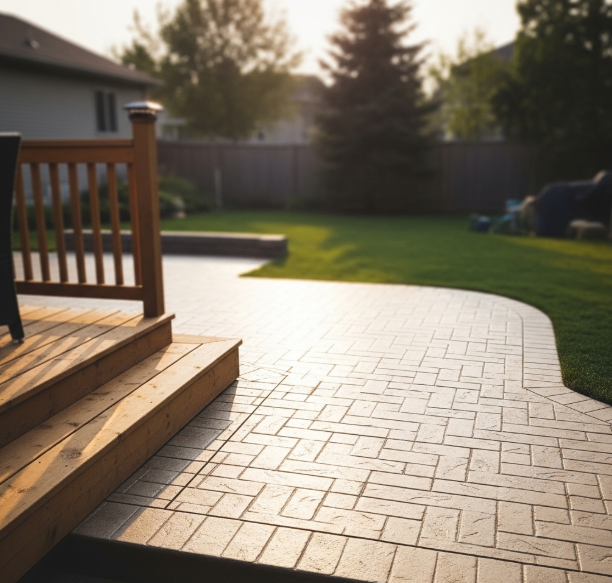 Backyard patio with wooden deck, brick walkway, and sunlit lawn at dusk