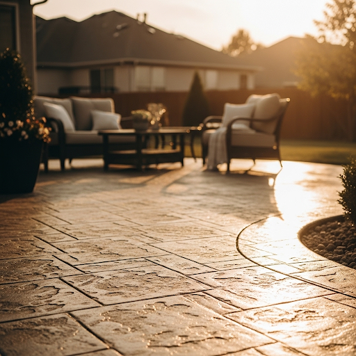 Sunlit stone patio with outdoor chairs and table in a backyard
