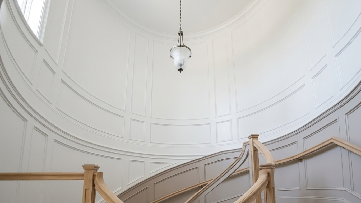 a large living room that has plastic on the ground. White walls with black support beams.