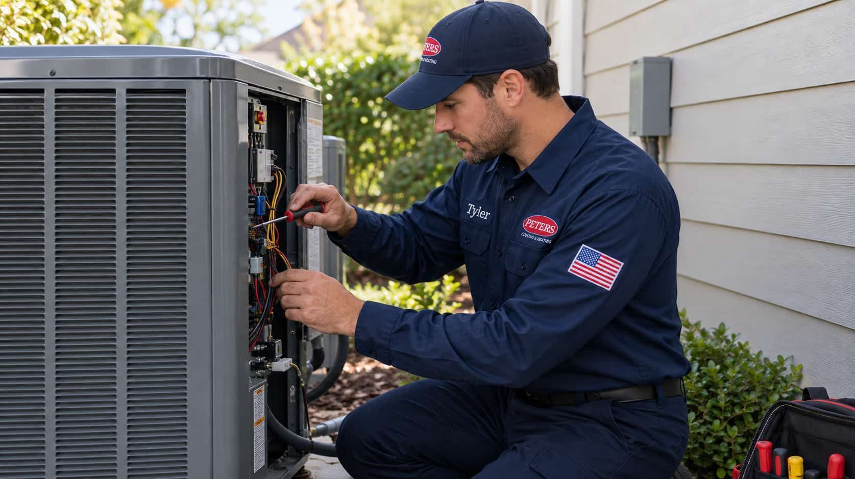 Technician kneeling beside an outdoor HVAC unit, inspecting wiring beside a house.