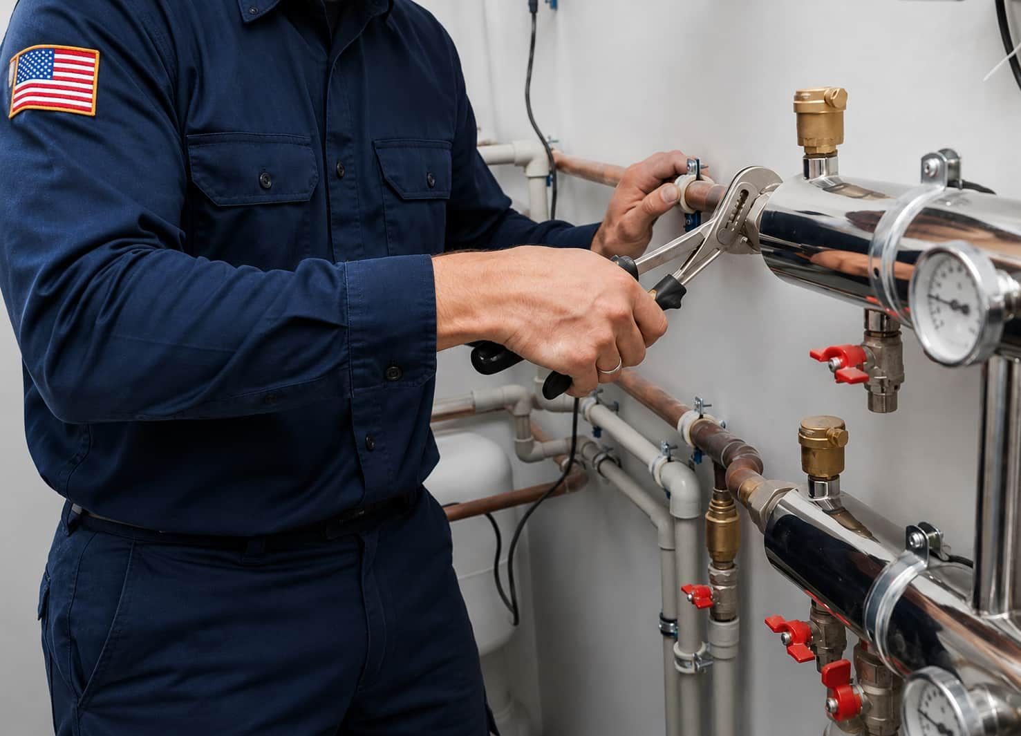 A technician in blue overalls uses a wrench to work on metal pipes and valves in a mechanical room.