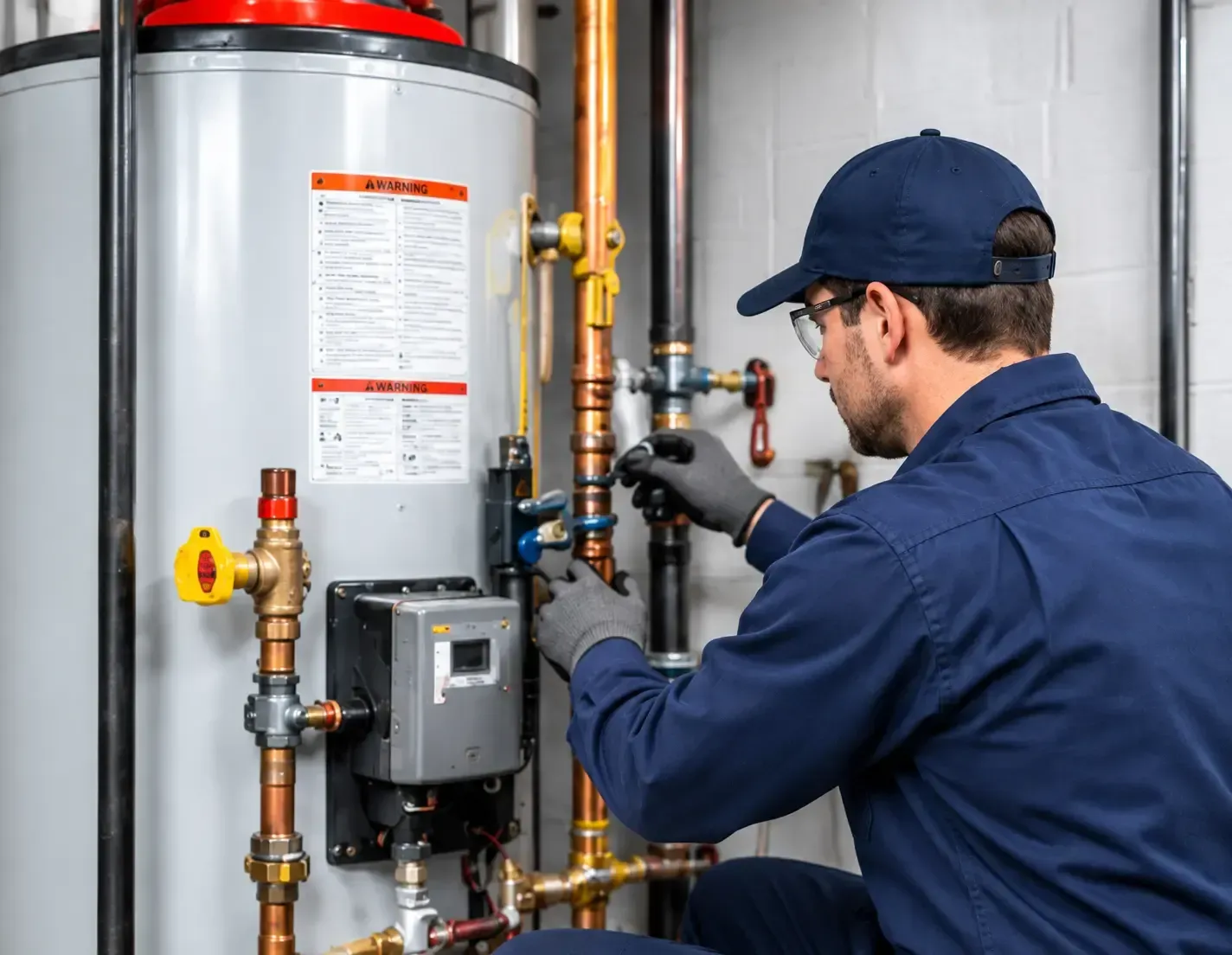 Technician in blue uniform inspecting a water heater and pipes with a wrench in a utility room