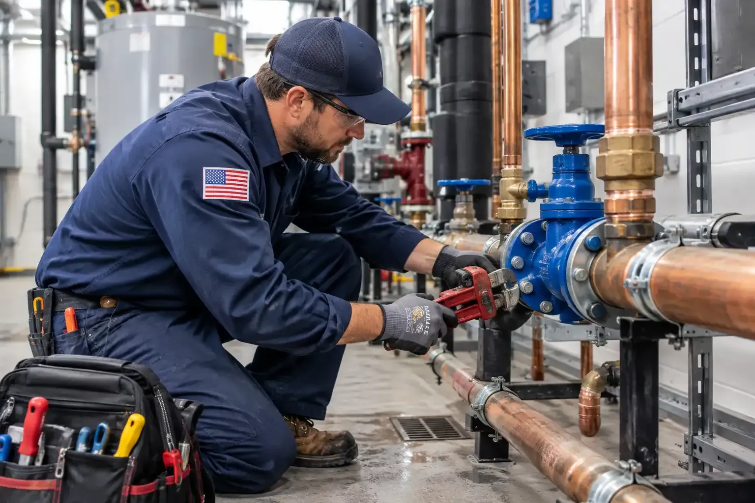 A plumber using a wrench to tighten a chrome p-trap assembly under a sink during a residential repair.