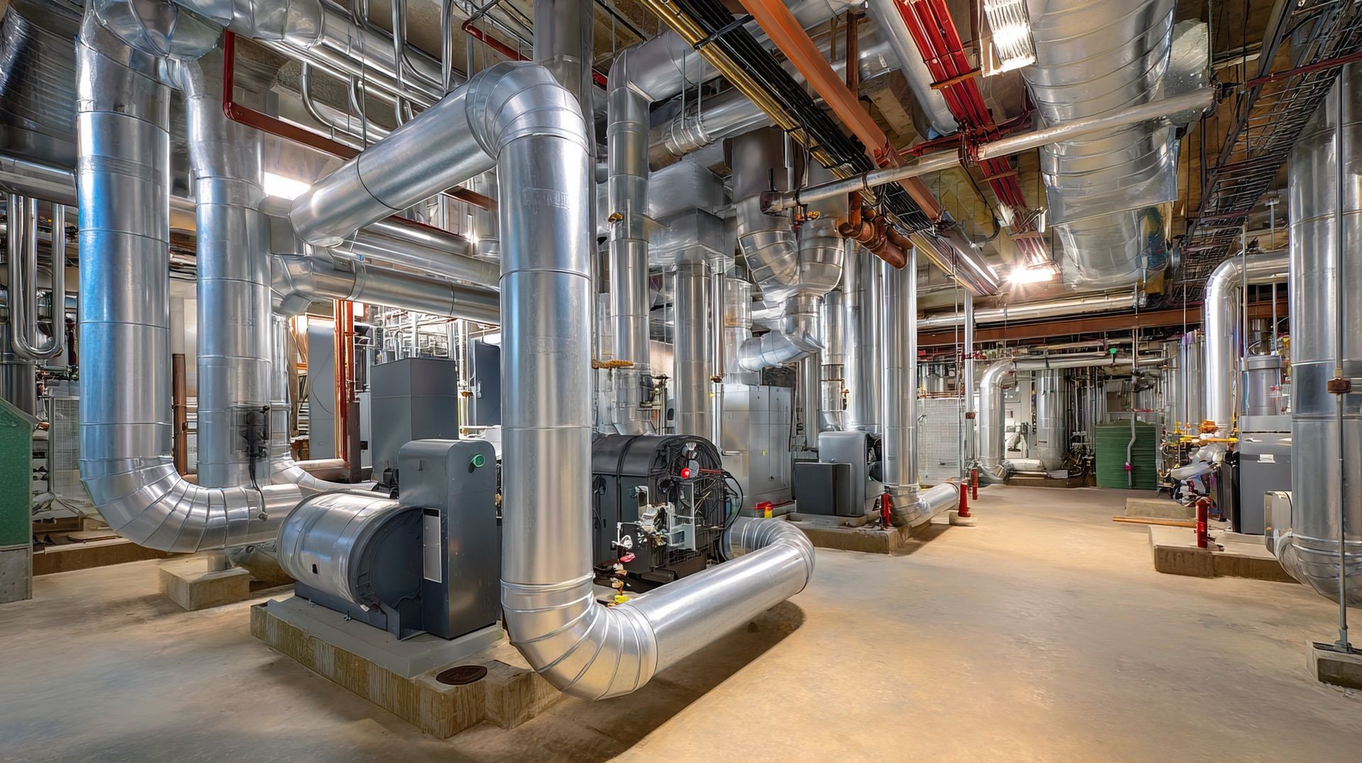 Industrial boiler room filled with large, insulated metallic pipes and mechanical equipment on a concrete floor.