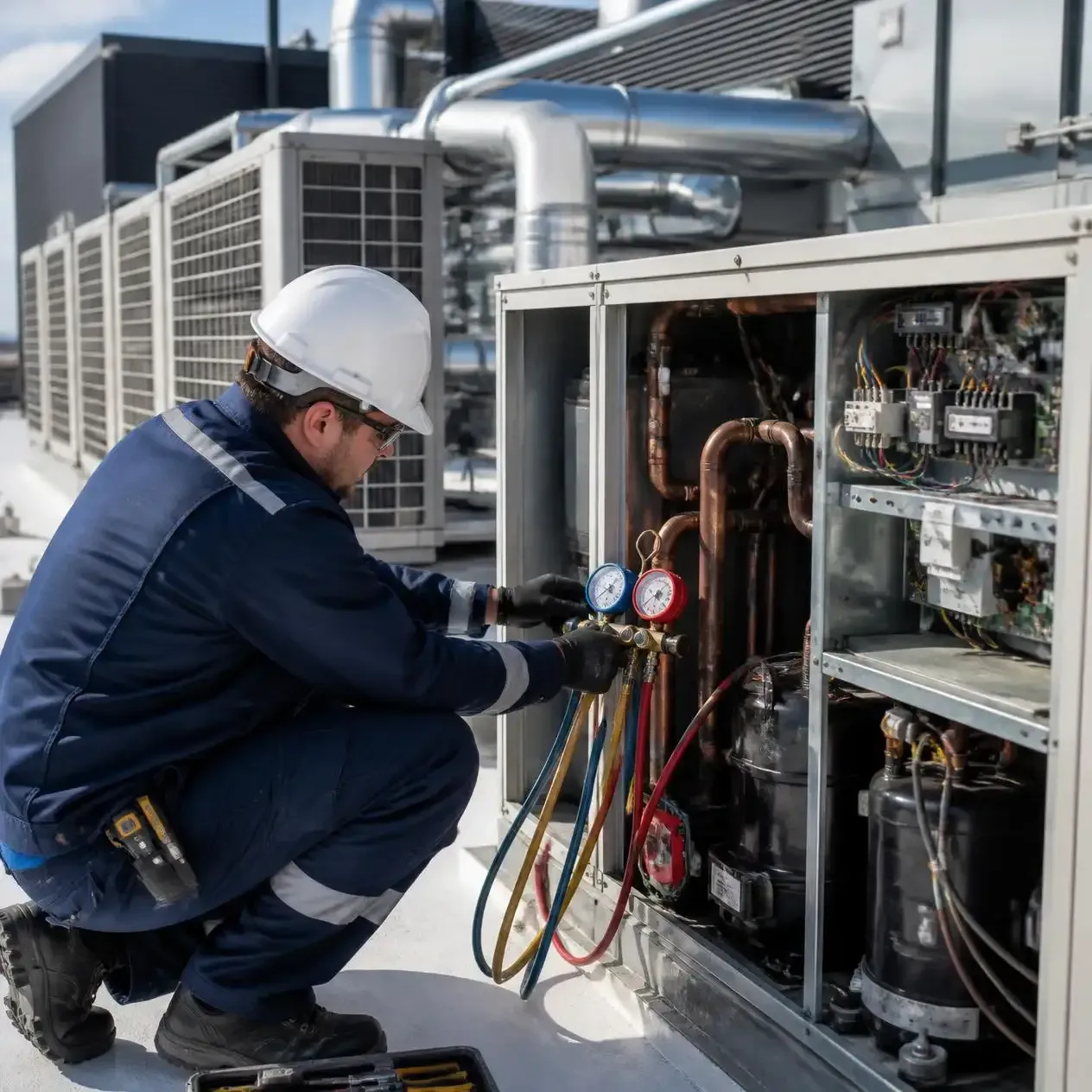 Technician inspecting HVAC unit gauges and hoses beside an outdoor industrial system