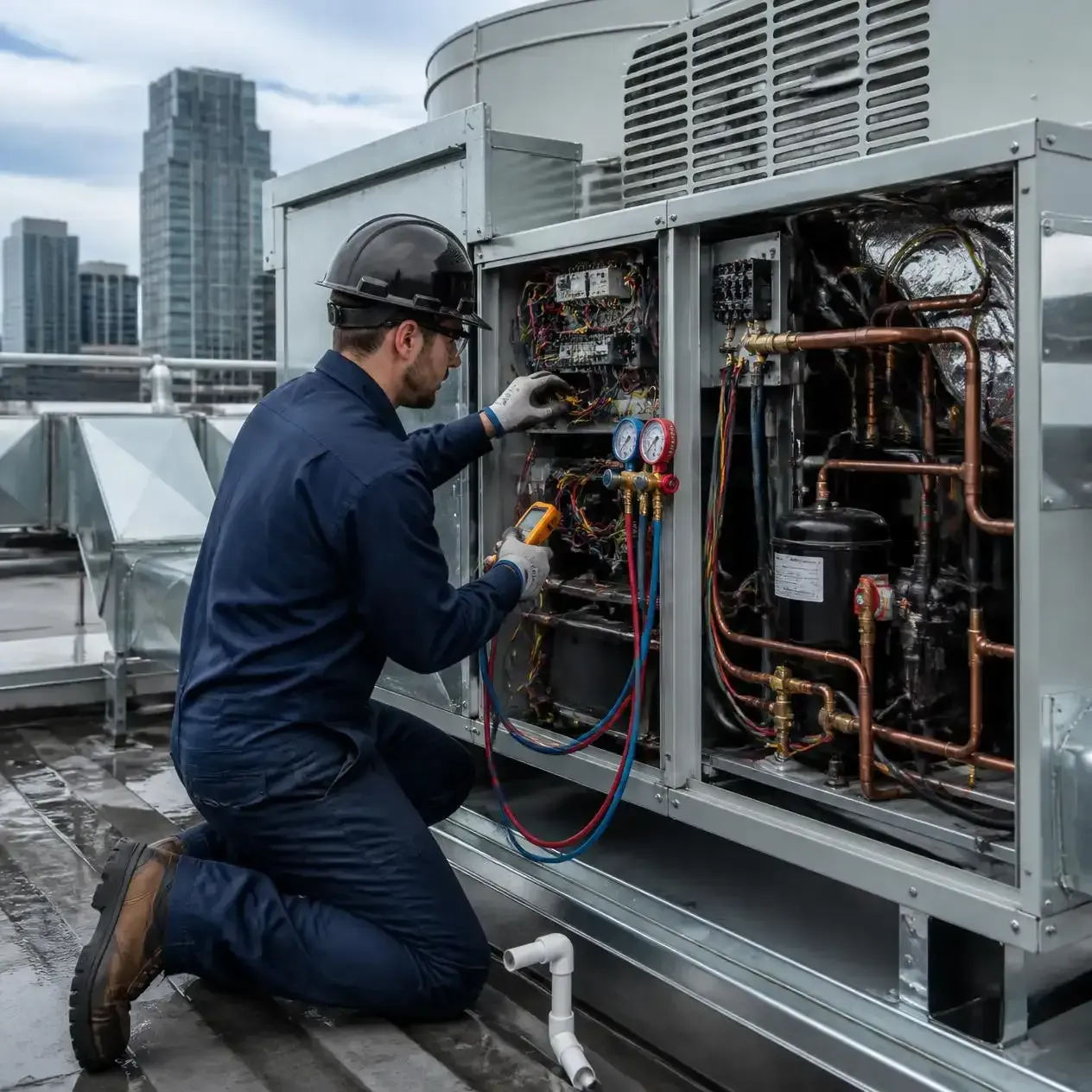 Technician kneels beside an open rooftop HVAC unit, inspecting copper pipes and wiring on a city building.