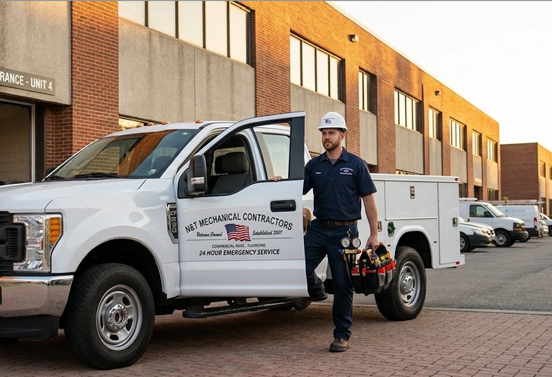 A technician in a hard hat and navy uniform steps out of a white service truck parked outside a brick building.